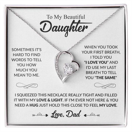 Forever Love Necklace - A stunning gift for your beautiful daughter, featuring a 6.5mm round cut cubic zirconia crystal and polished heart pendant. Crafted in 14k white gold or 18k yellow gold finish. Adjustable chain length for everyday wear. Packaged in a complimentary soft-touch box or upgrade to the mahogany-style luxury box with LED spotlight
